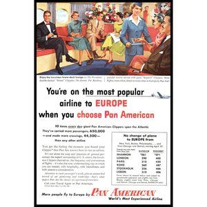 1953 Pan Am Airlines to Europe Vintage Print Ad Strato Clipper Lounge Wall Art